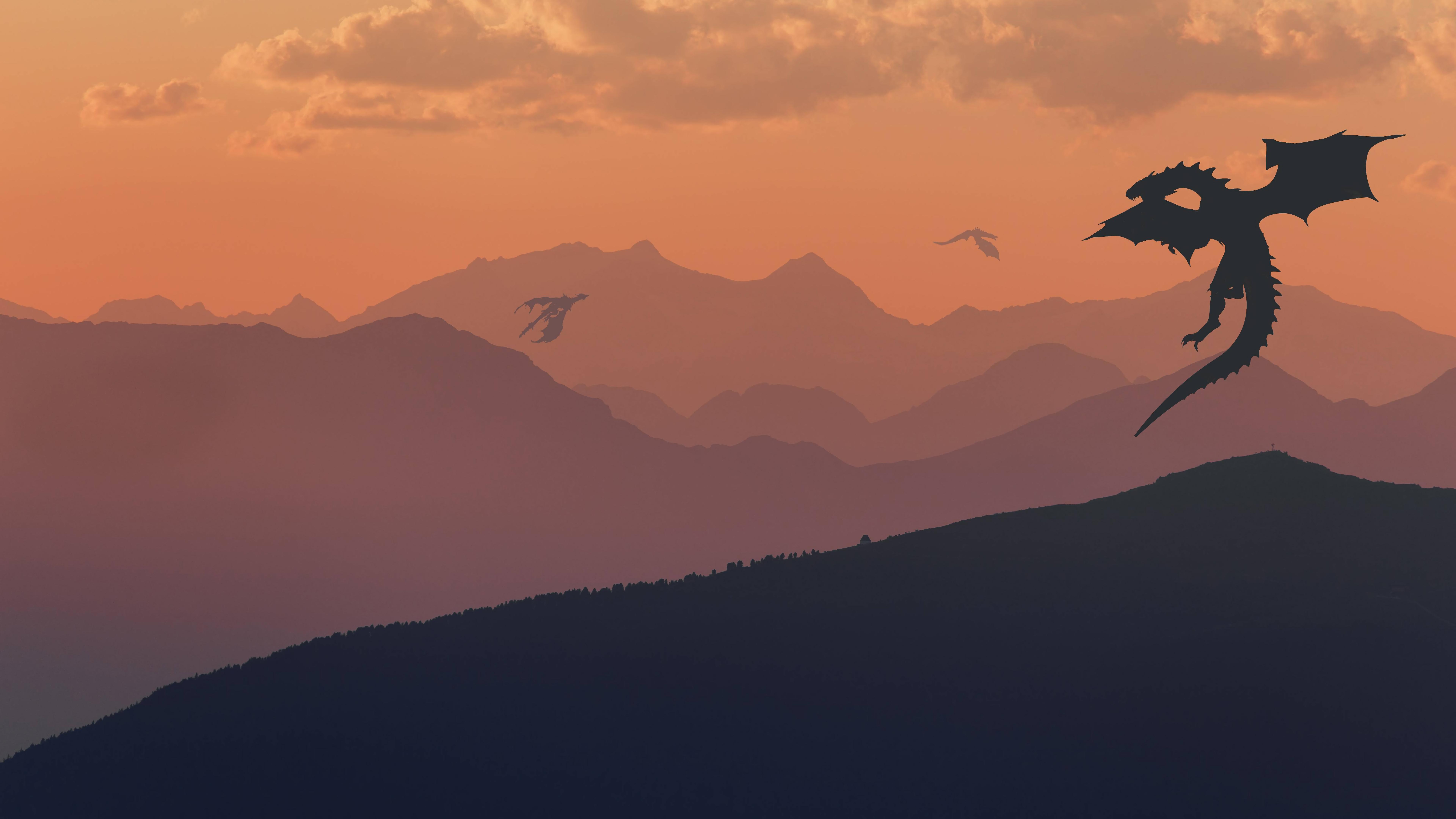 Dragons Fantasy Mountains Landscape Minimalist Digital Art 8k