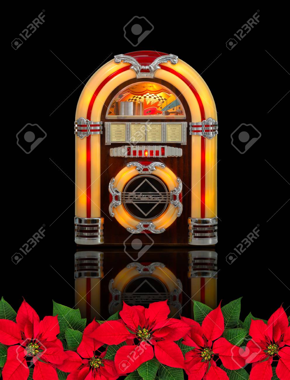 Retro Juke Box Radio With Red Poinsettia Flower Christmas Ornament