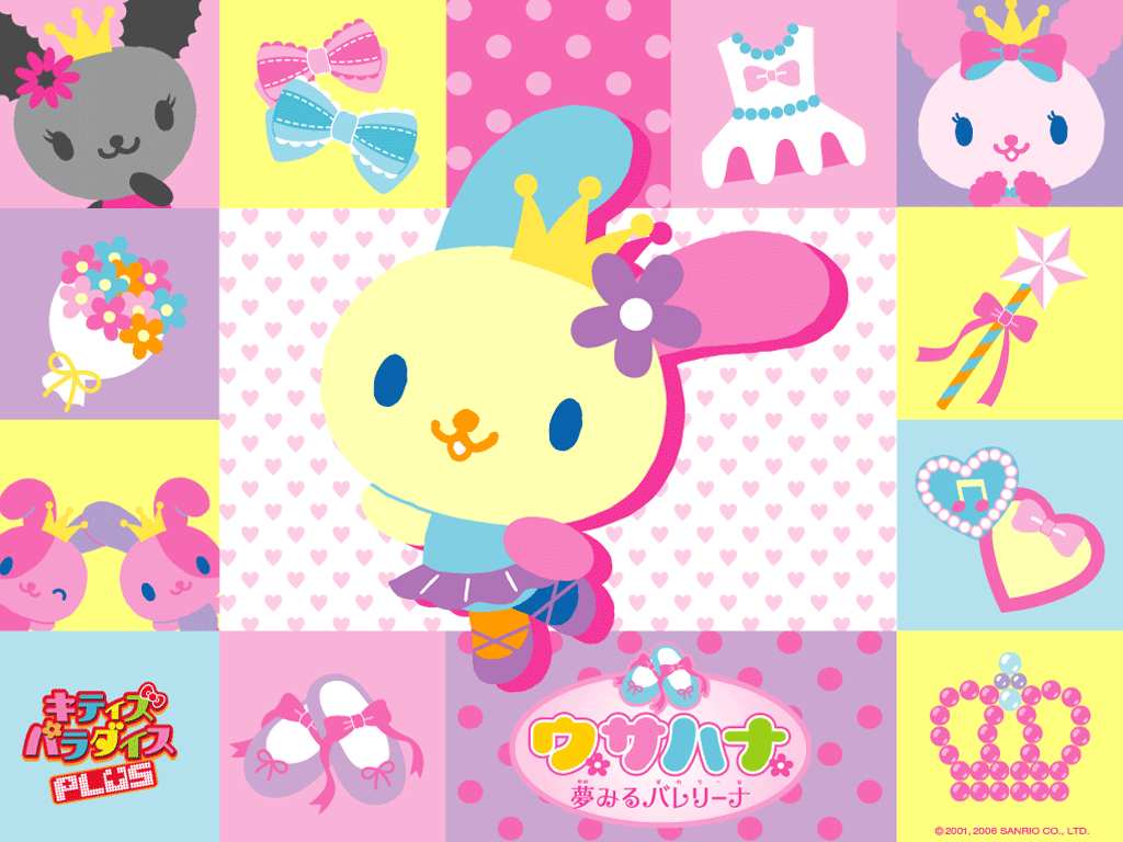 A colorful Sanrio wallpaper featuring Usahana, a ballerina bunny character, surrounded by cute accessories and other Sanrio characters
