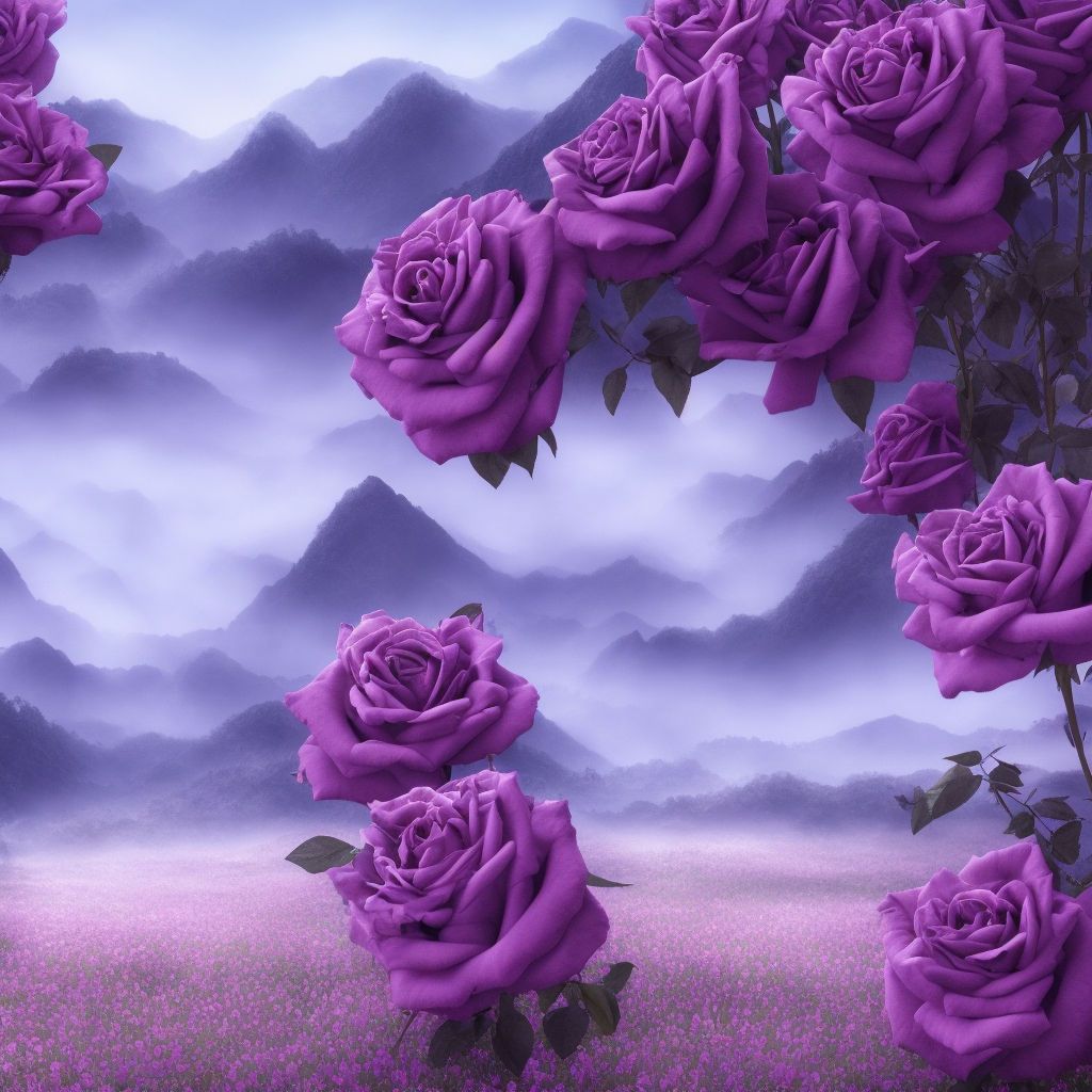 A picturesque landscape of purple roses in a misty valley with rolling hills
