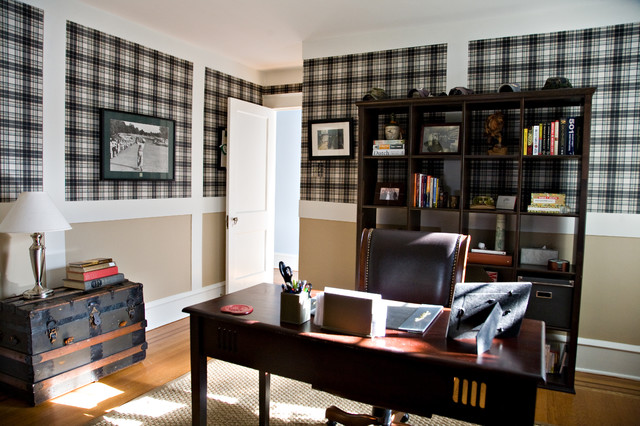 Office Space With Plaid Wallpaper Traditional Home