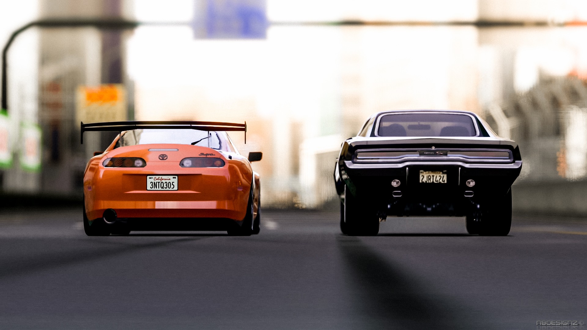 A vibrant orange Toyota Supra and a powerful black Dodge Charger, reminiscent of iconic cars from the Fast and Furious franchise, speed down a city street, possibly engaged in a thrilling race