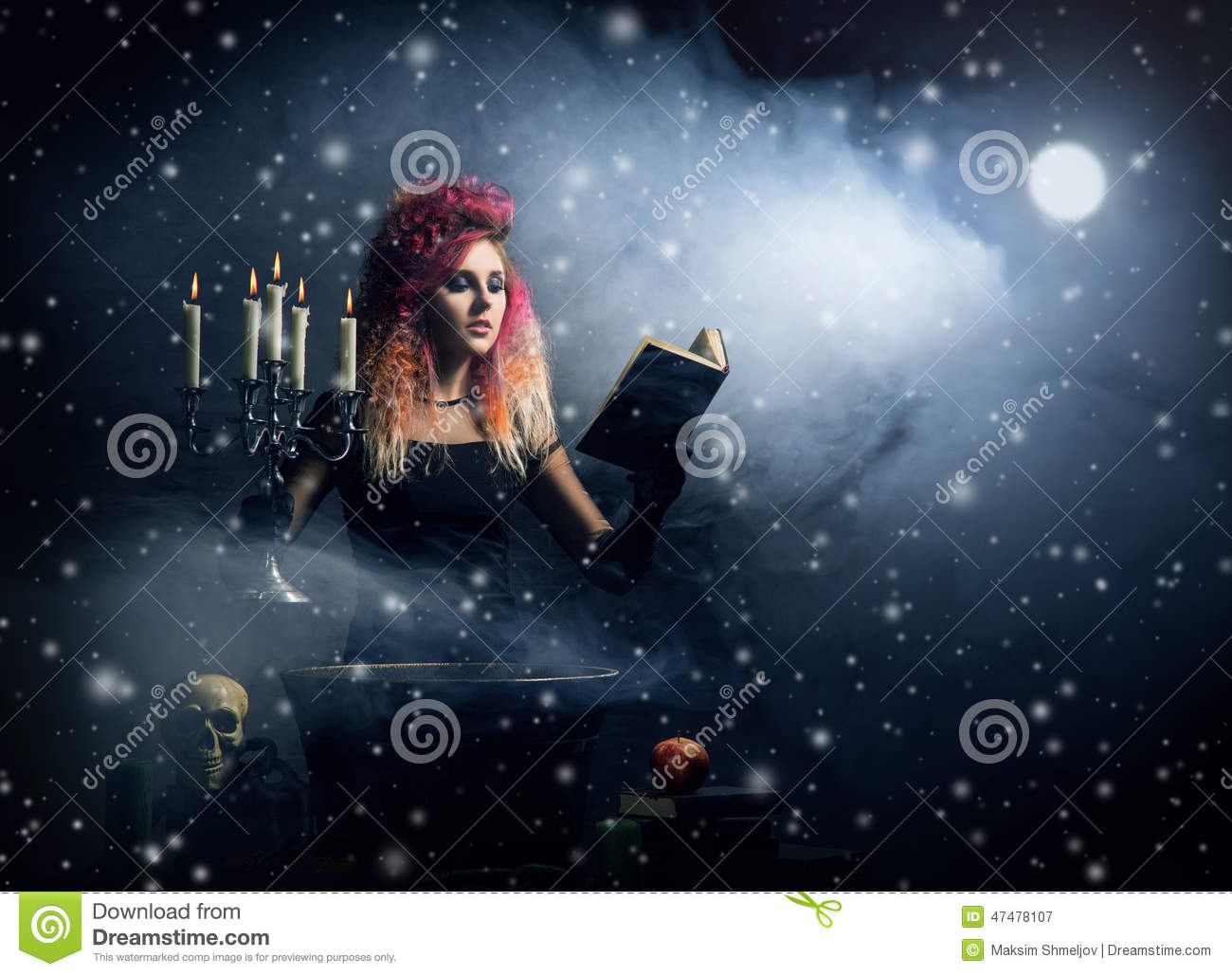 Beautiful Witch Making Witchcraft Over Winter Background