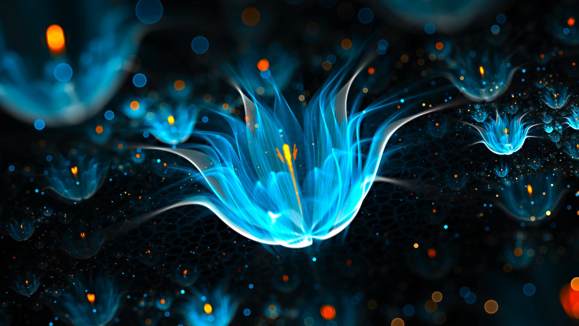Abstract blue flowers on a dark background, digital art wallpaper