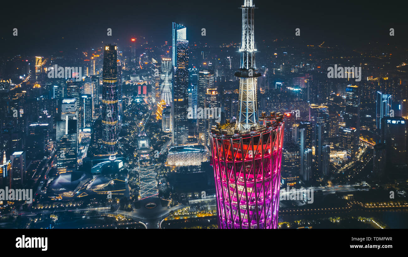 Night View of Guangzhou Tower and Pearl River New Town CBD Stock