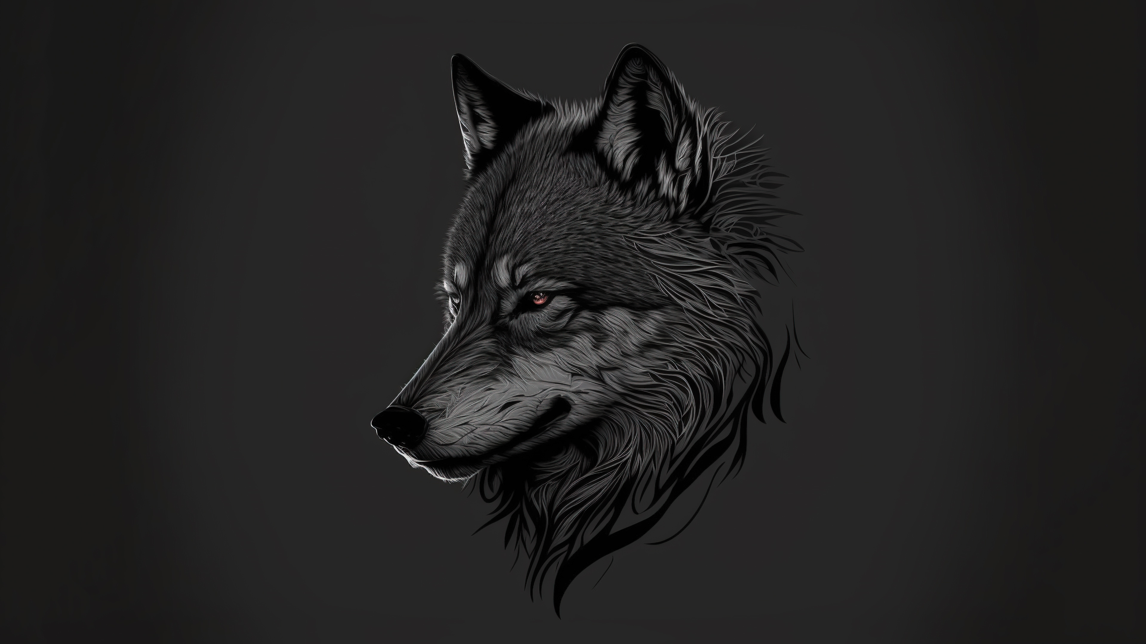 A striking profile view of a wolf, rendered in shades of grey against a dark background. The intricate details of the wolf's fur and the intensity of its gaze are captivating