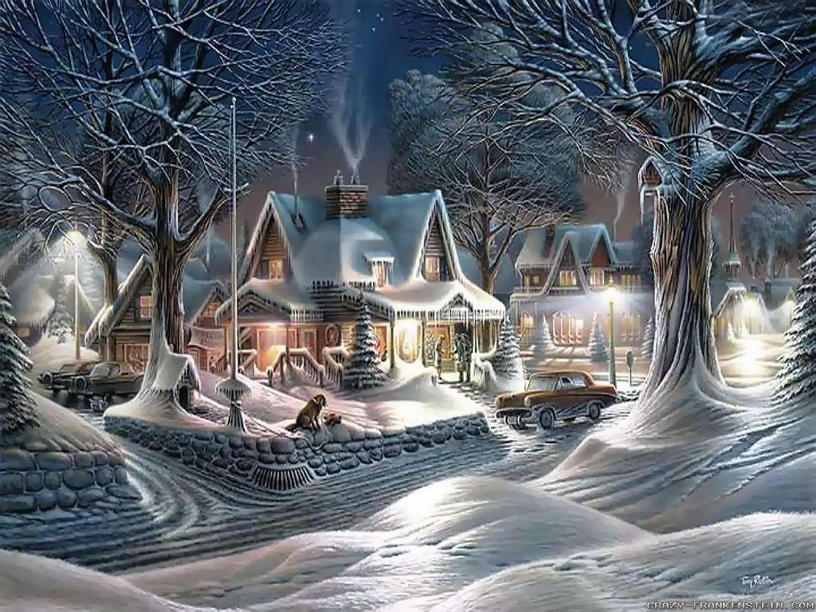 A cozy winter Christmas scene with snow-covered houses, trees, and a classic car. Warm lights glow from the windows, creating a festive atmosphere