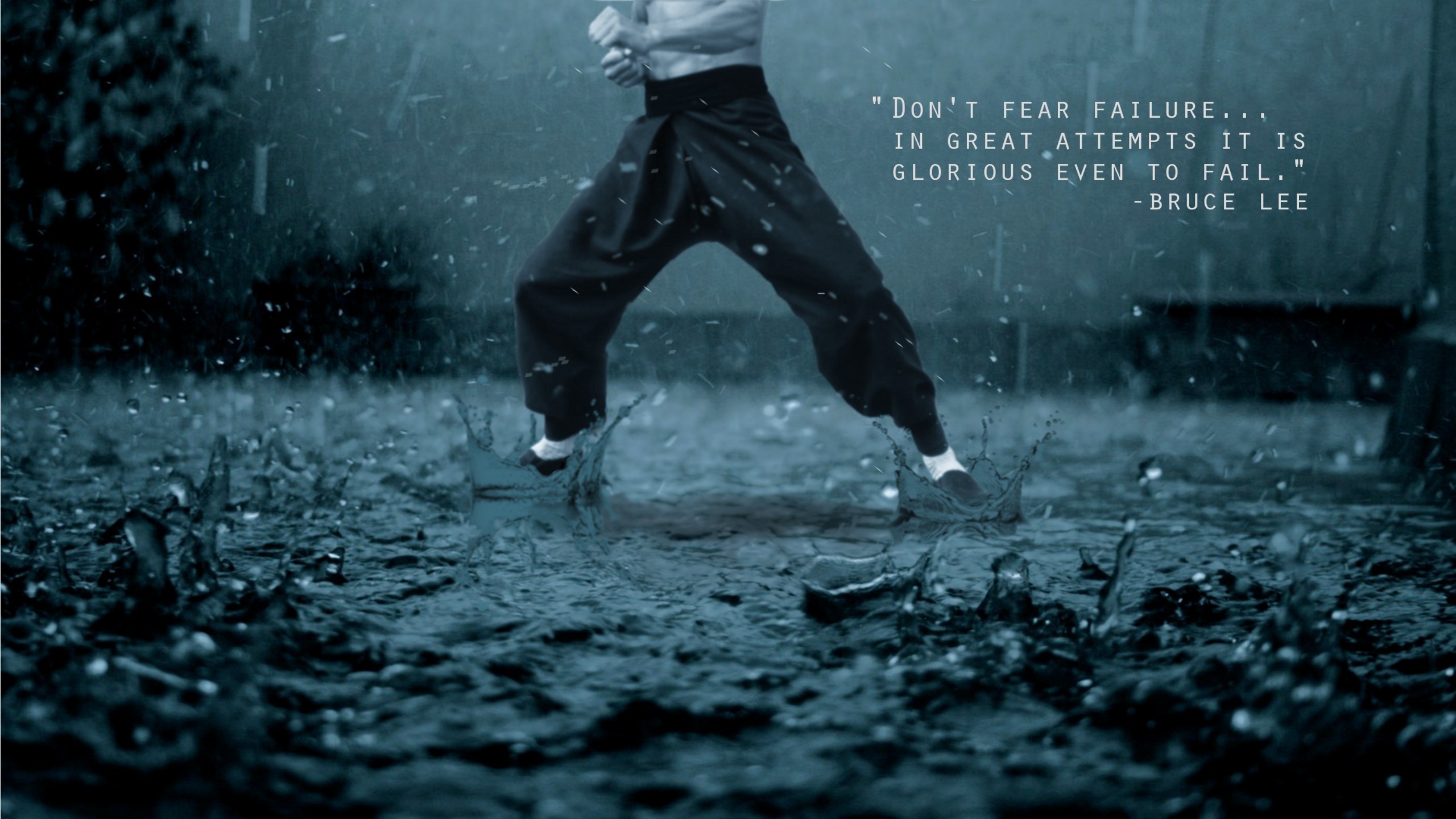 A martial artist strikes a powerful pose in the pouring rain, embodying Bruce Lee's quote about the glory of attempting great things, even if they result in failure