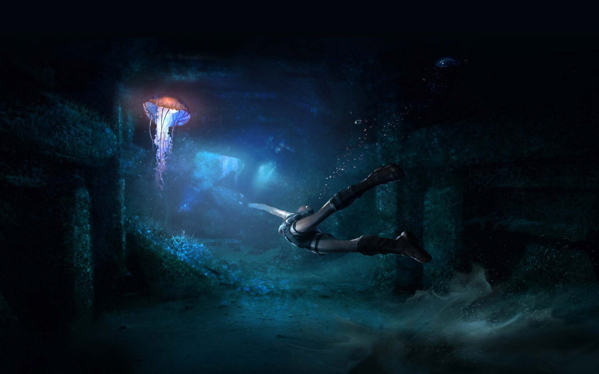 A diver explores a dark underwater cave, illuminated by a bioluminescent jellyfish. 4k wallpaper