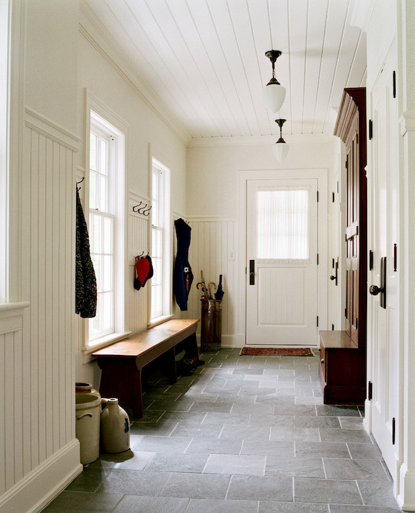 Mudroom Features Beadboard Ceiling Dotted With Vintage Pendants Over