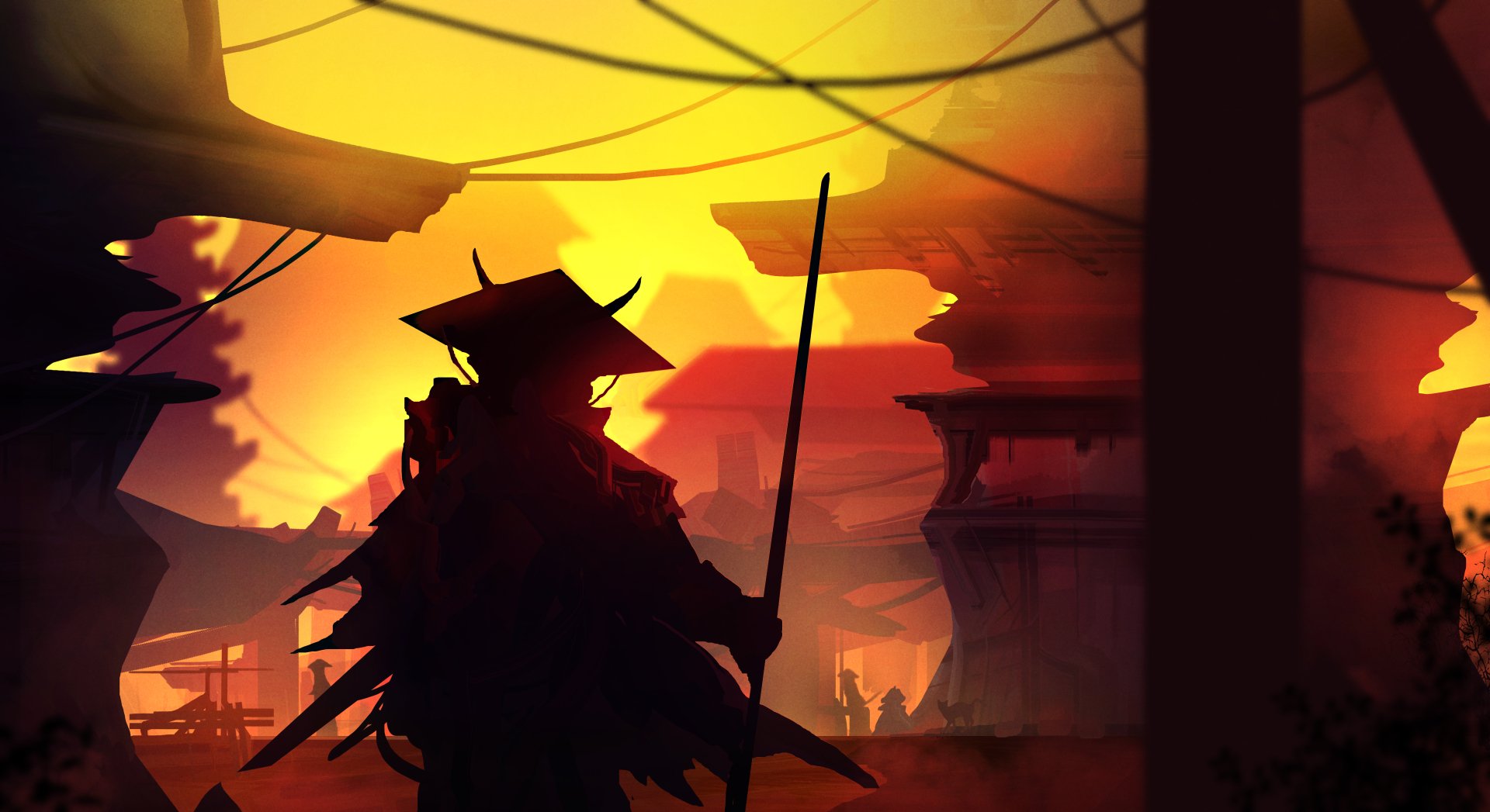 A silhouette of a samurai stands against a fiery sunset backdrop, amidst the ruins of a traditional Japanese village, evoking a sense of loss and resilience