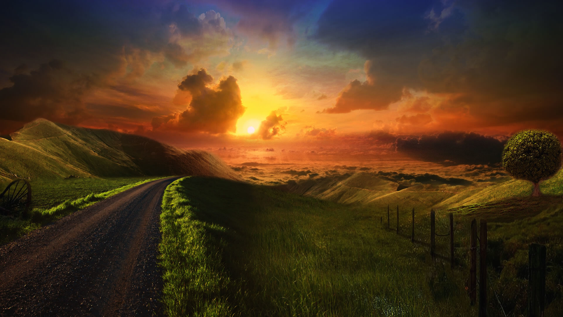 A picturesque dirt road winds through rolling green hills at sunset. A lone tree stands in the distance, and a rustic wooden fence lines the path. The warm glow of the setting sun casts long shadows across the landscape, creating a serene and inviting scene