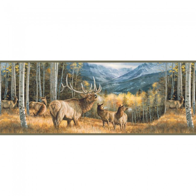 Lake Forest Lodge Elk Border Wildlife Cabin Decor Wallpaper