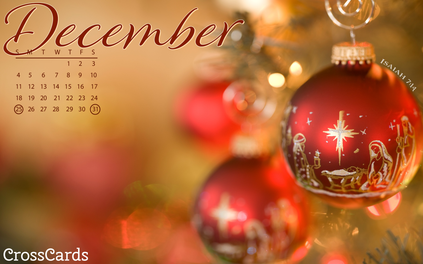 December Ornaments Desktop Calendar Wallpaper