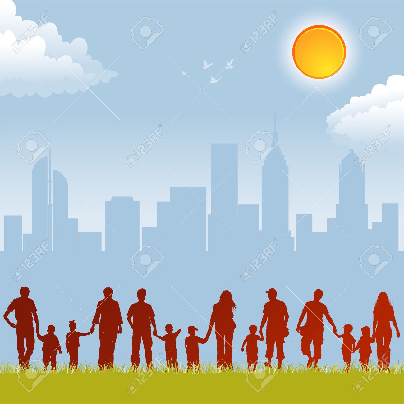 Big Collect Silhouettes Of Parents With Children On Urban