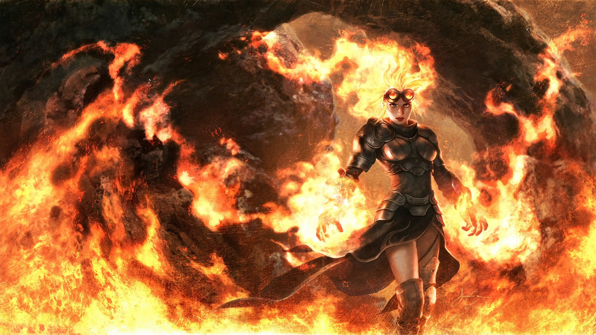    Magic The Gathering Fire Woman Armor Skirt Goggles Flame Wallpaper