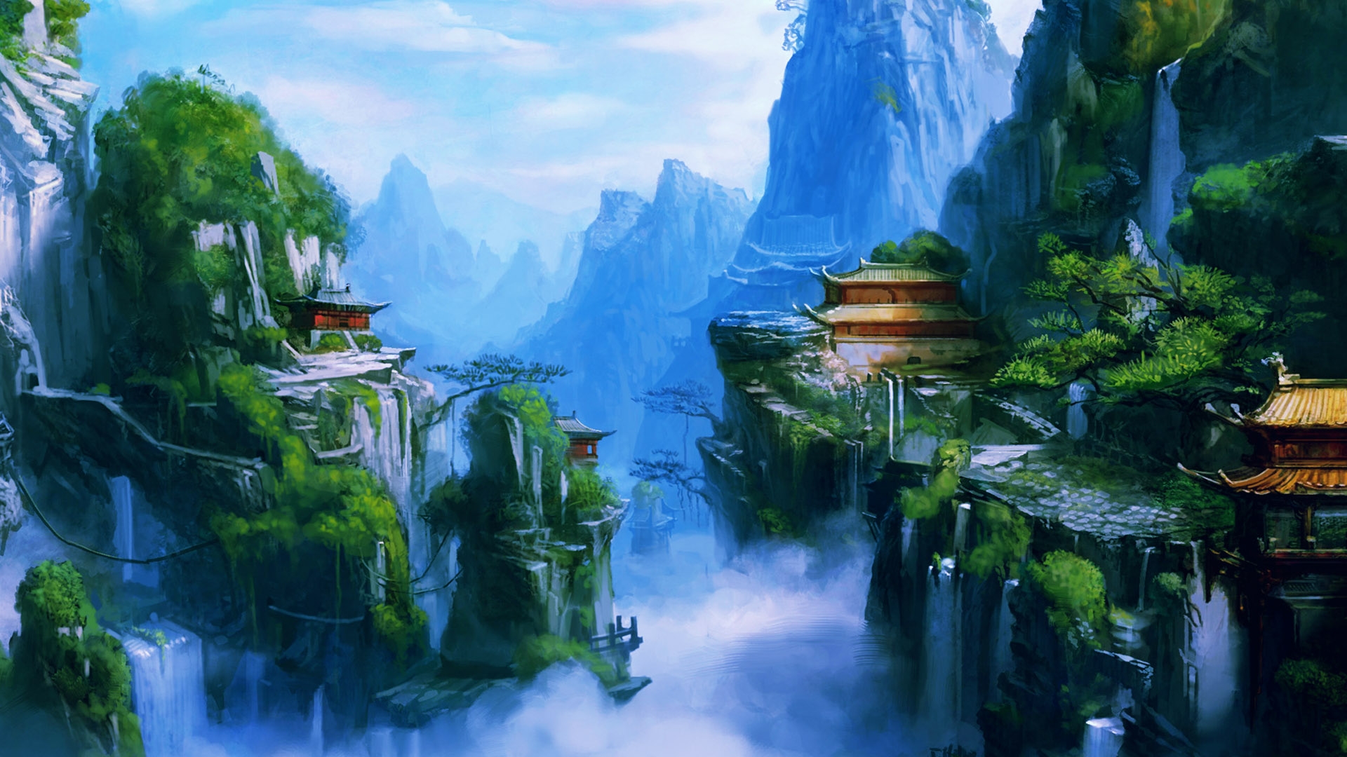 A breathtaking vista of a fantasy landscape, featuring majestic blue mountains, cascading waterfalls, traditional East Asian architecture perched on cliffs, lush greenery, and a mystical fog-filled valley