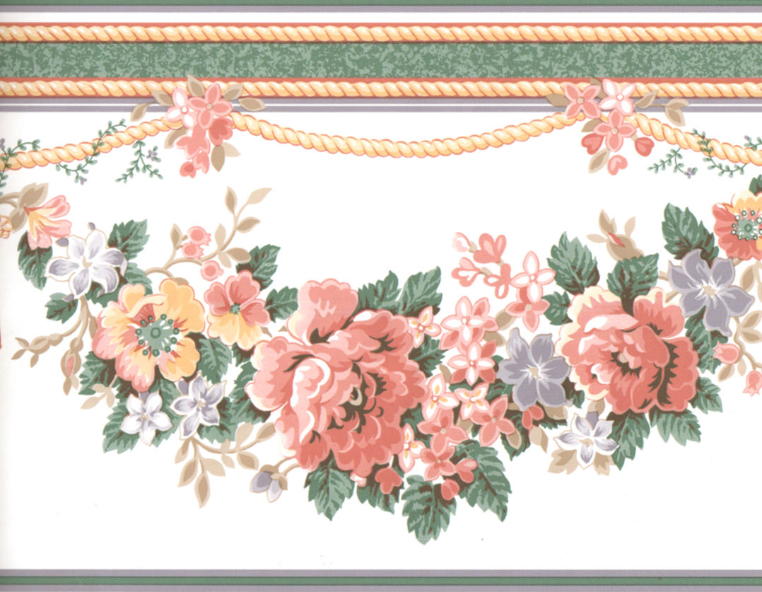  Peach Rose Flower Floral Swag Tassel Rope Green Wall paper Border