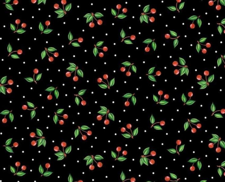 Mary Engelbreit Small Cherries Print Fabric Black Background