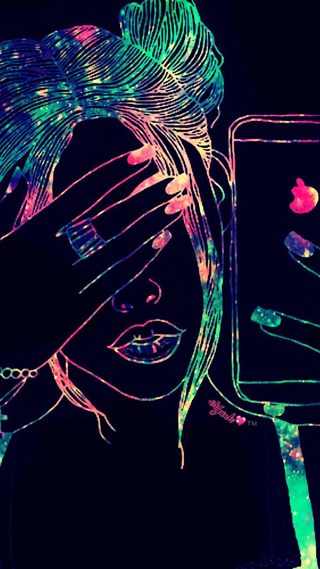 A vibrant, stylized illustration of a person taking a selfie. The person's hair is depicted with a cosmic, galaxy design, and their hand partially covers their face. The artwork also incorporates elements like jewelry and a smartphone