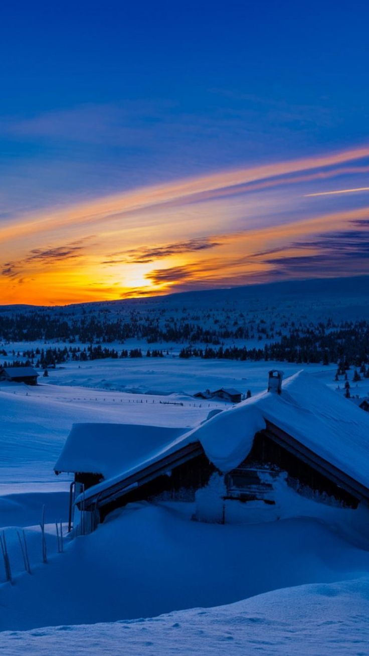 Beautiful Sunset Winter Chalet Snow iPhone Plus HD Wallpaper
