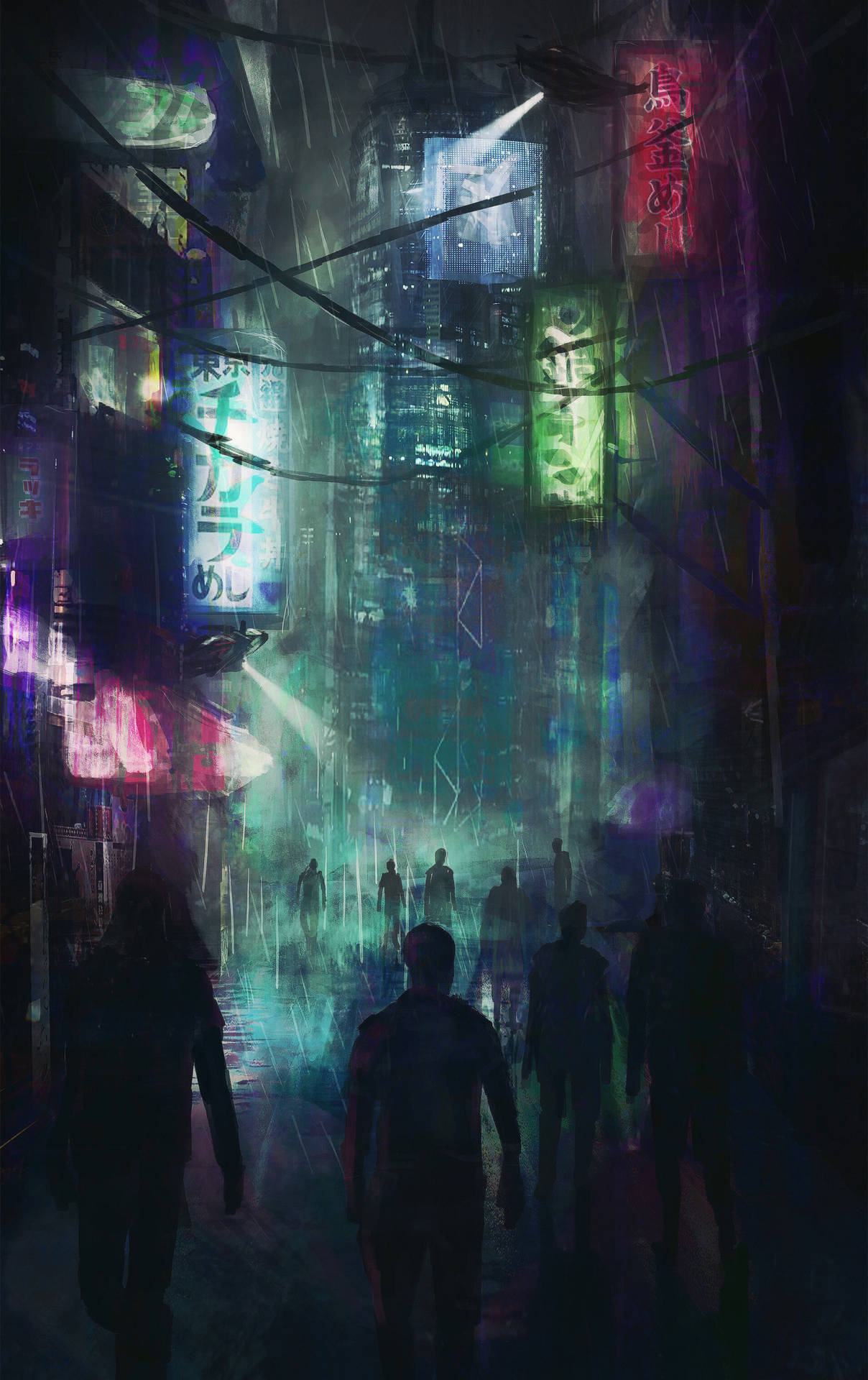 Dark and rainy cyberpunk city street with neon signs and shadowy figures