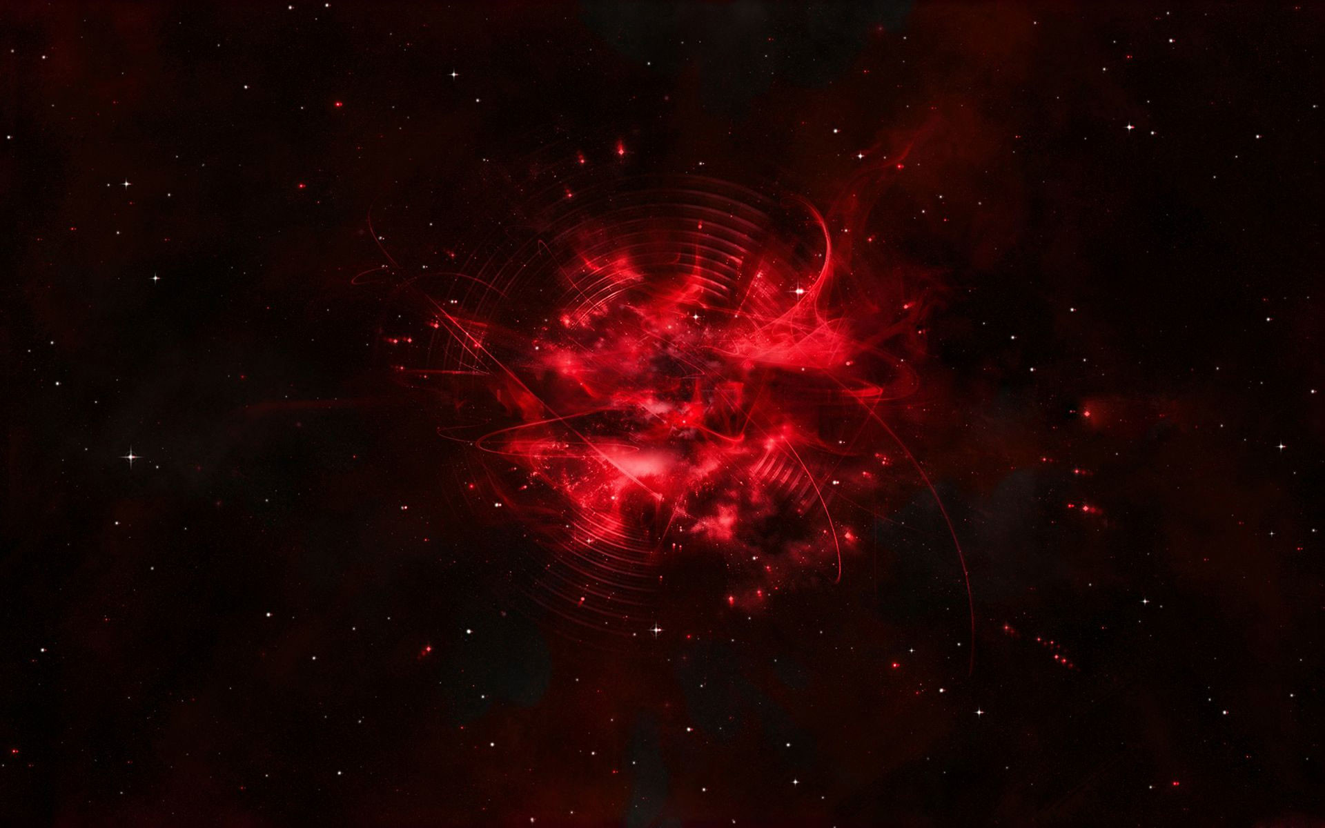 A vibrant red abstract nebula wallpaper with swirling cosmic dust, glowing energy, and distant stars, creating a dramatic and captivating space scene