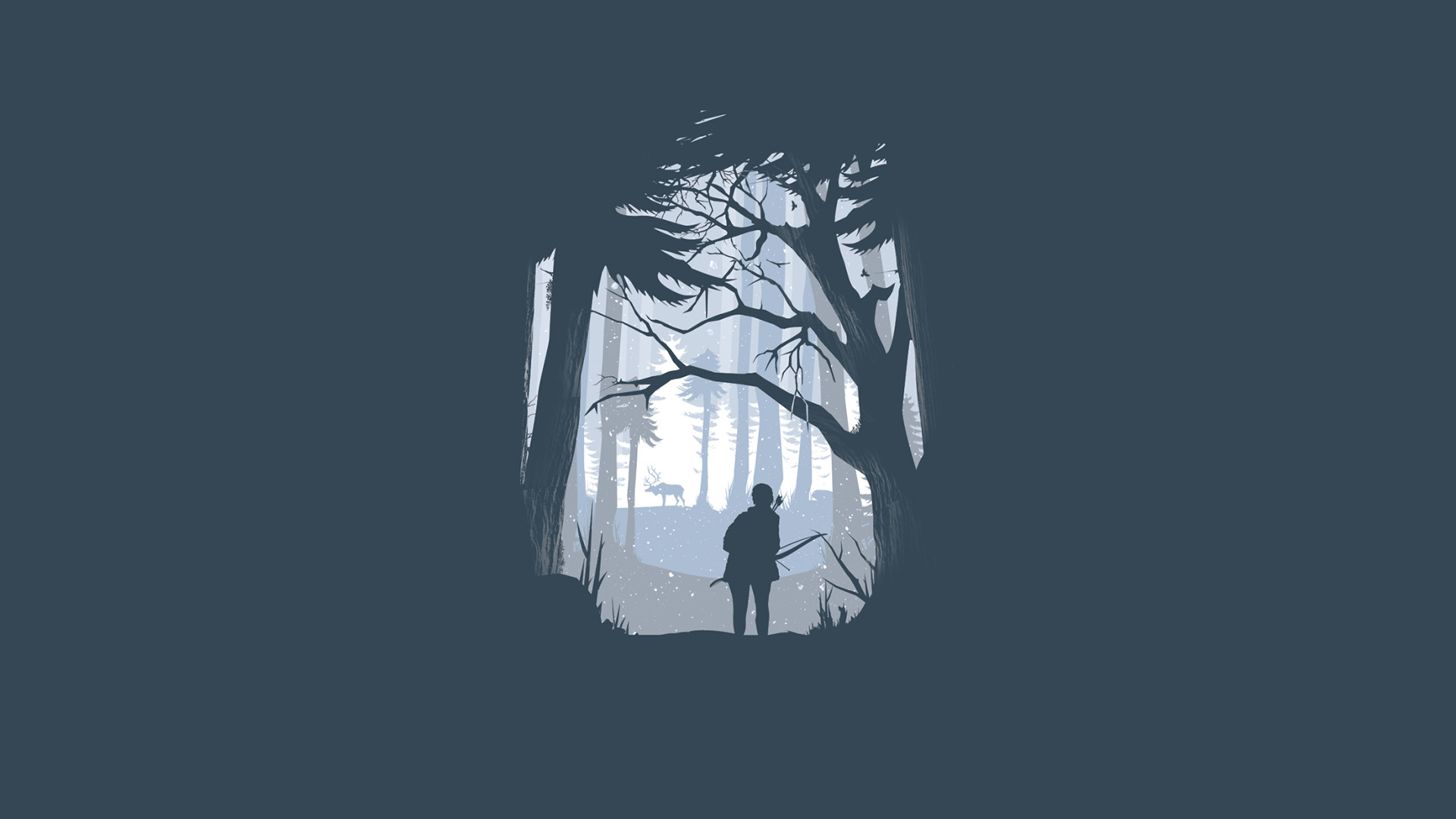 Minimalist wallpaper of a hunter with a bow and arrow standing in a dark forest, a deer visible in the background
