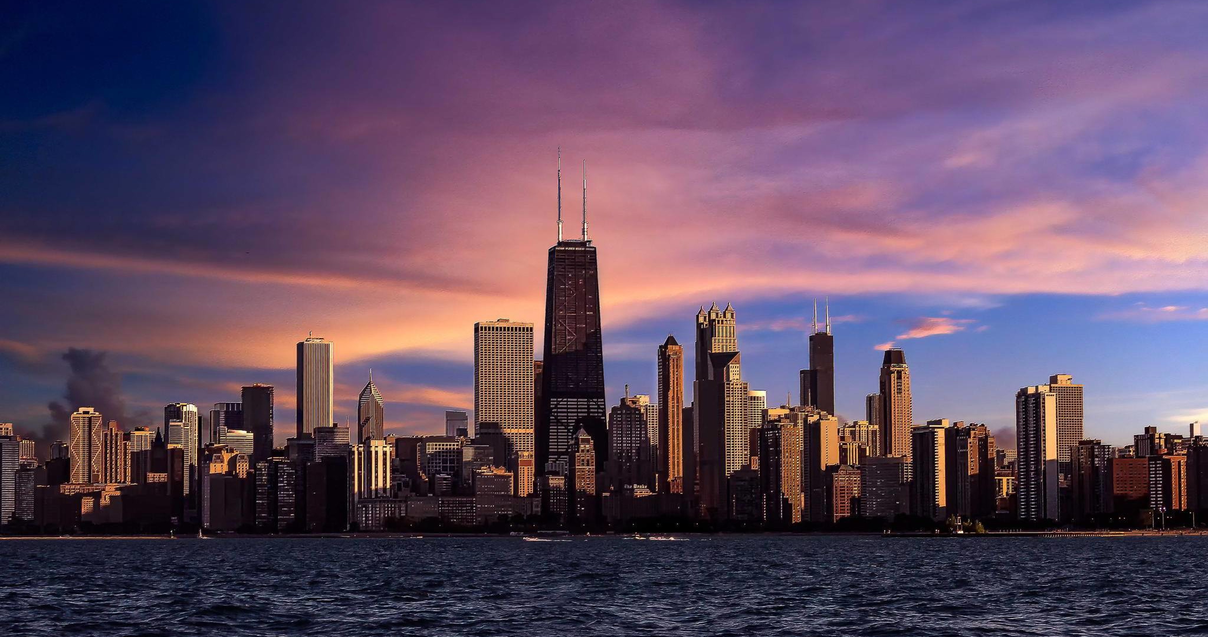 Stunning sunset view of the Chicago skyline from Lake Michigan