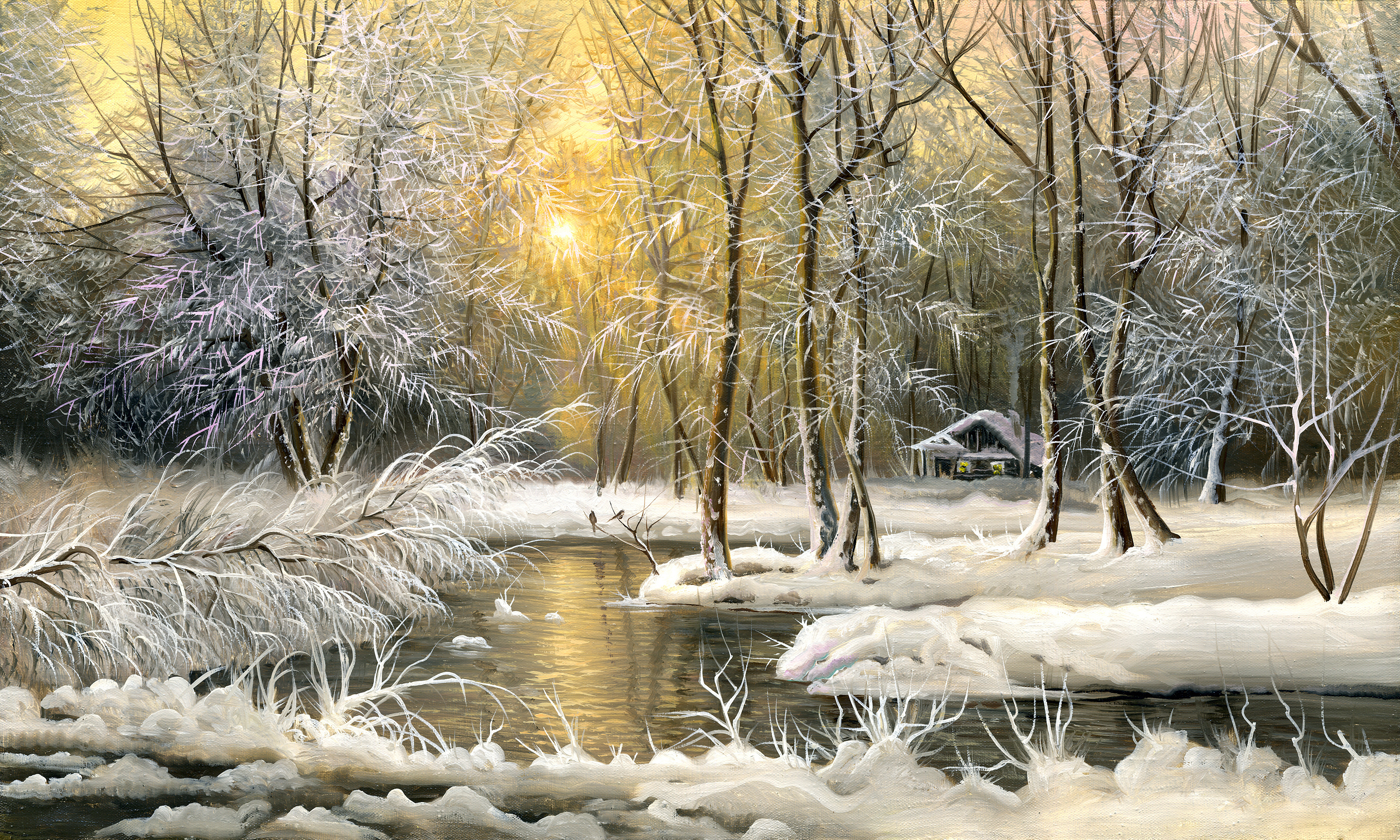 Painting Oil Winter Snow Trees Cold House Wallpaper Background