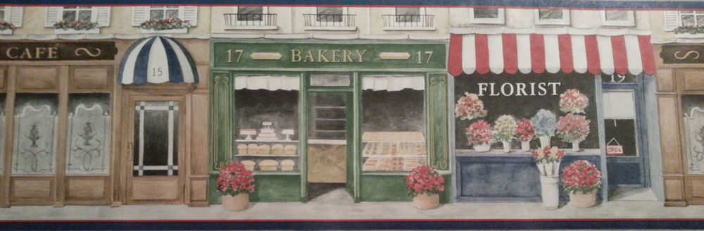 Classic Blue Bakery Florist Cafe Store Front Wallpaper Border