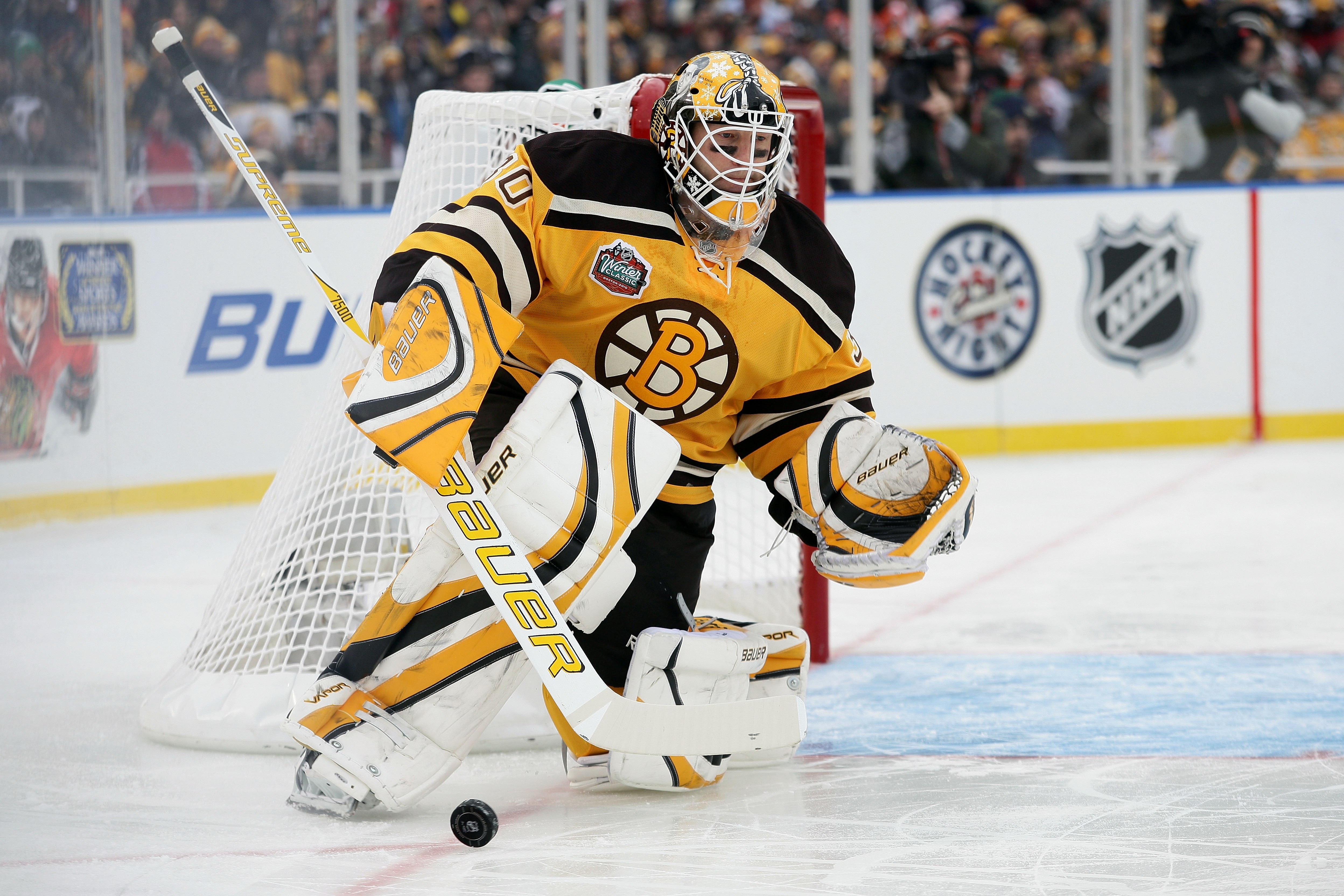 Boston Bruins Goalie in Action During Hockey Game