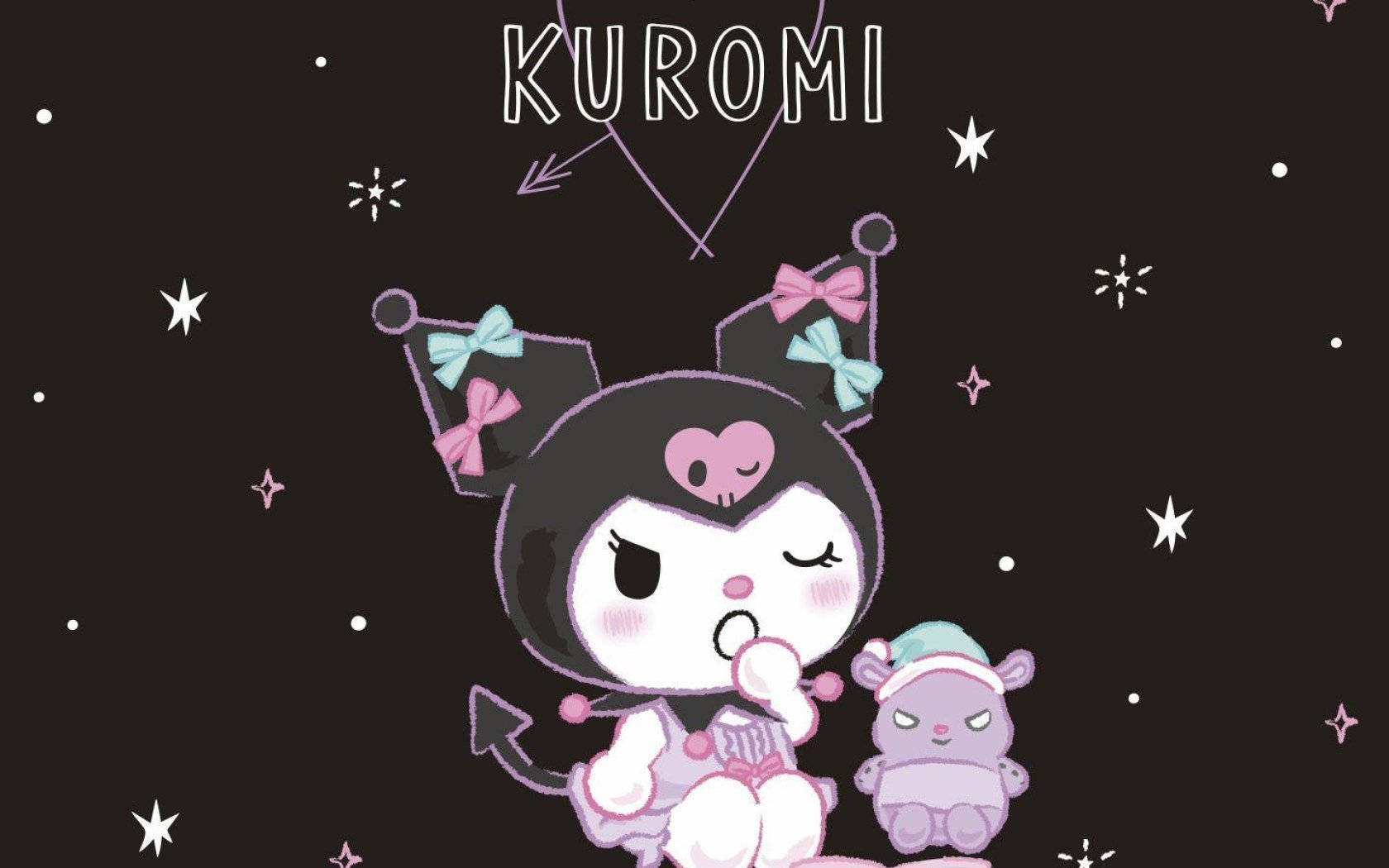 A cute, black and white Kuromi from Sanrio's Onegai My Melody anime series against a dark background with stars. She wears her signature black jester's hat with pink and mint green ribbons, a purple dress, and has a heart marking on her forehead. She has rosy cheeks and is yawning, while cuddling her purple and lavender teddy bear wearing a night cap