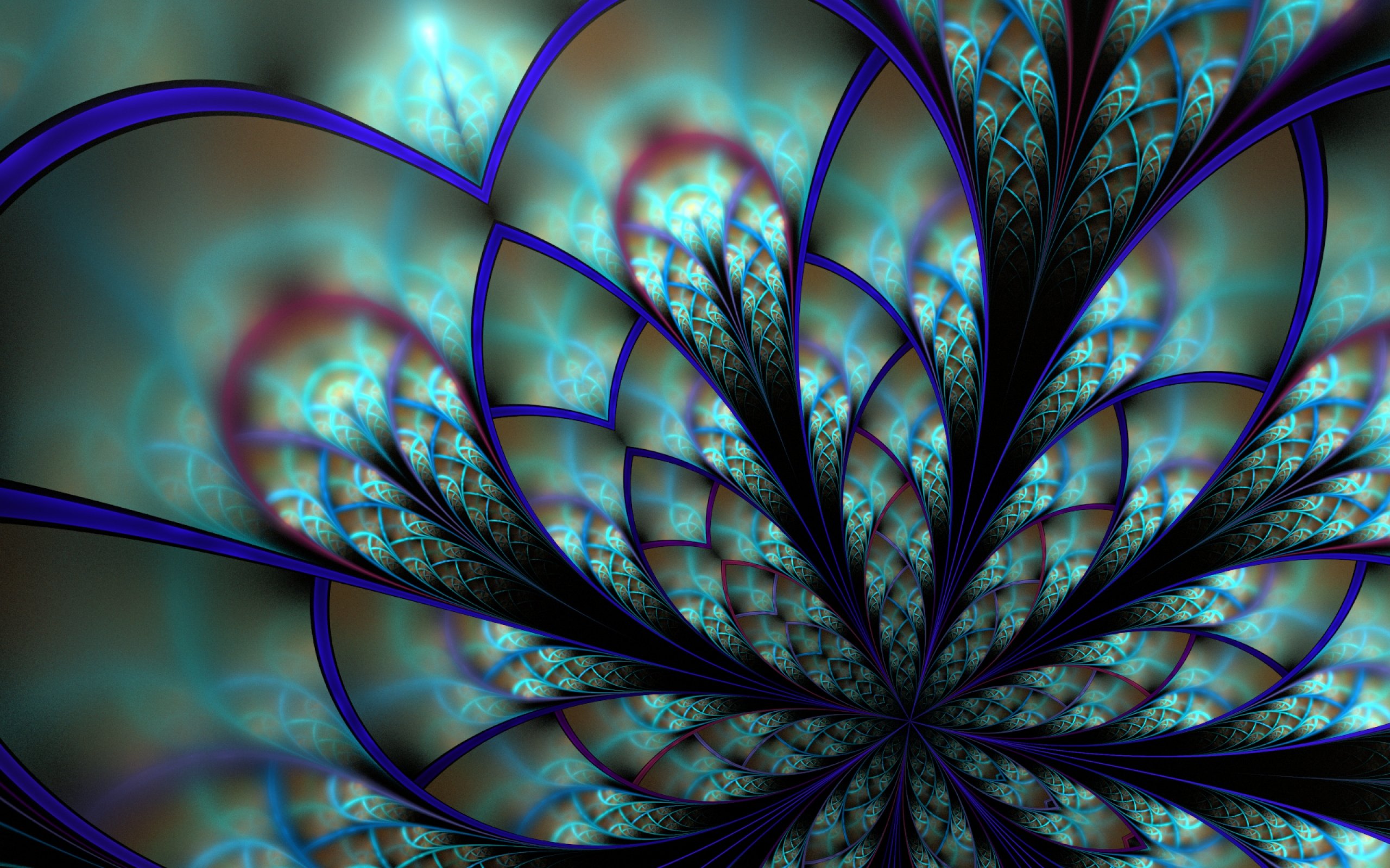 Abstract fractal art with swirling peacock feather patterns in shades of teal, blue, and purple against a darker background