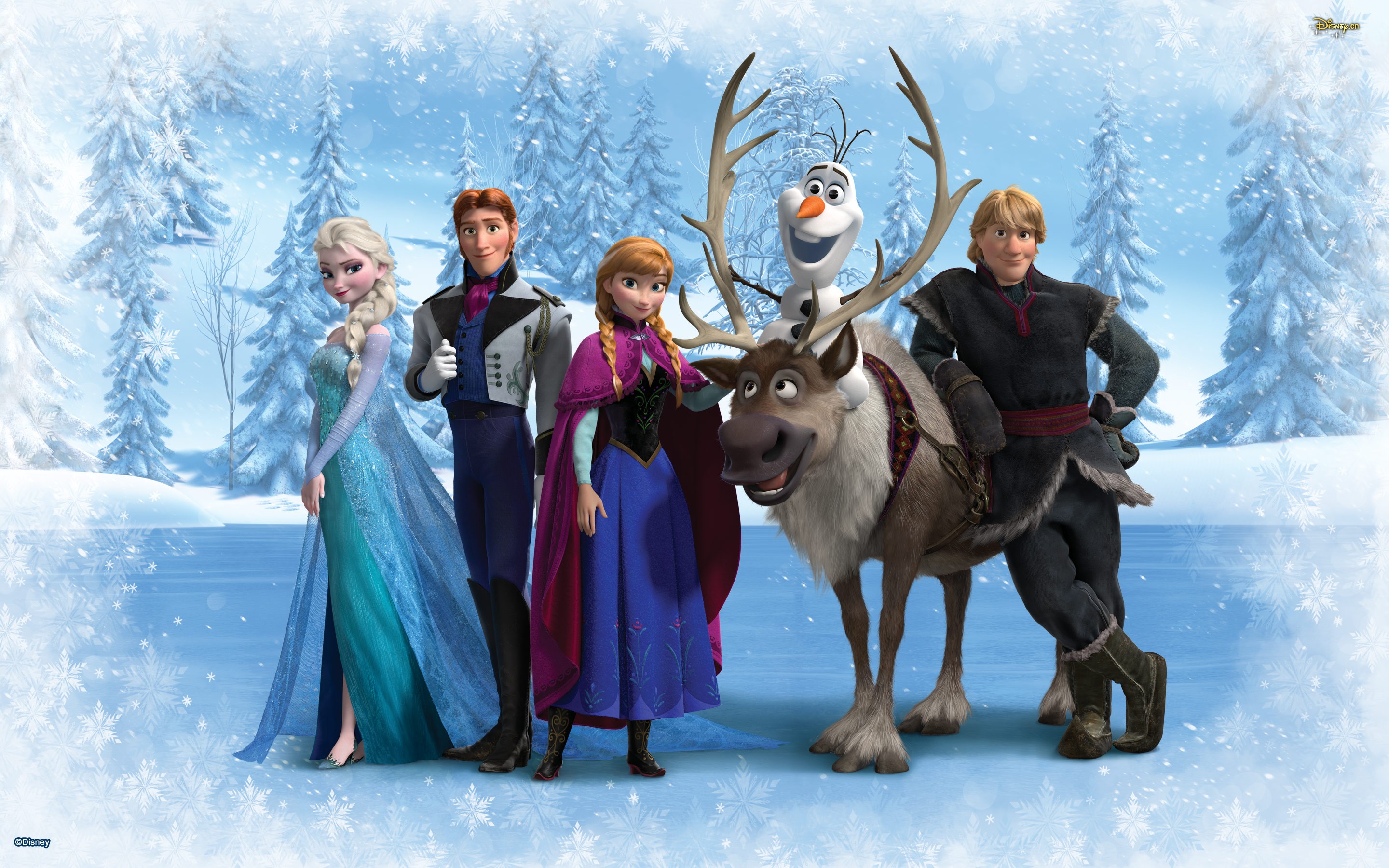 Frozen Movie Poster featuring Elsa, Anna, Kristoff, Sven, Olaf, and Prince Hans against a snowy winter backdrop
