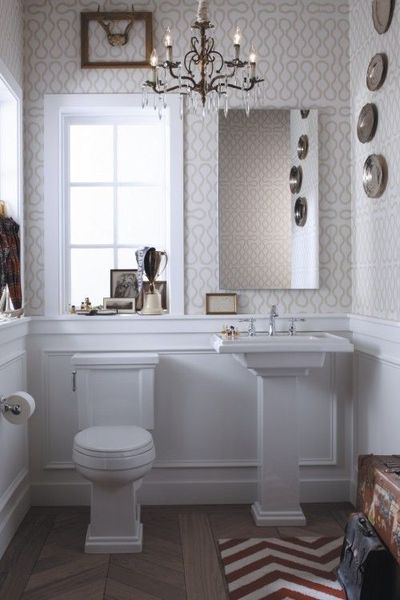 Powder Room Subtle Wallpaper Chevron Rug And Tile Bath Ideas