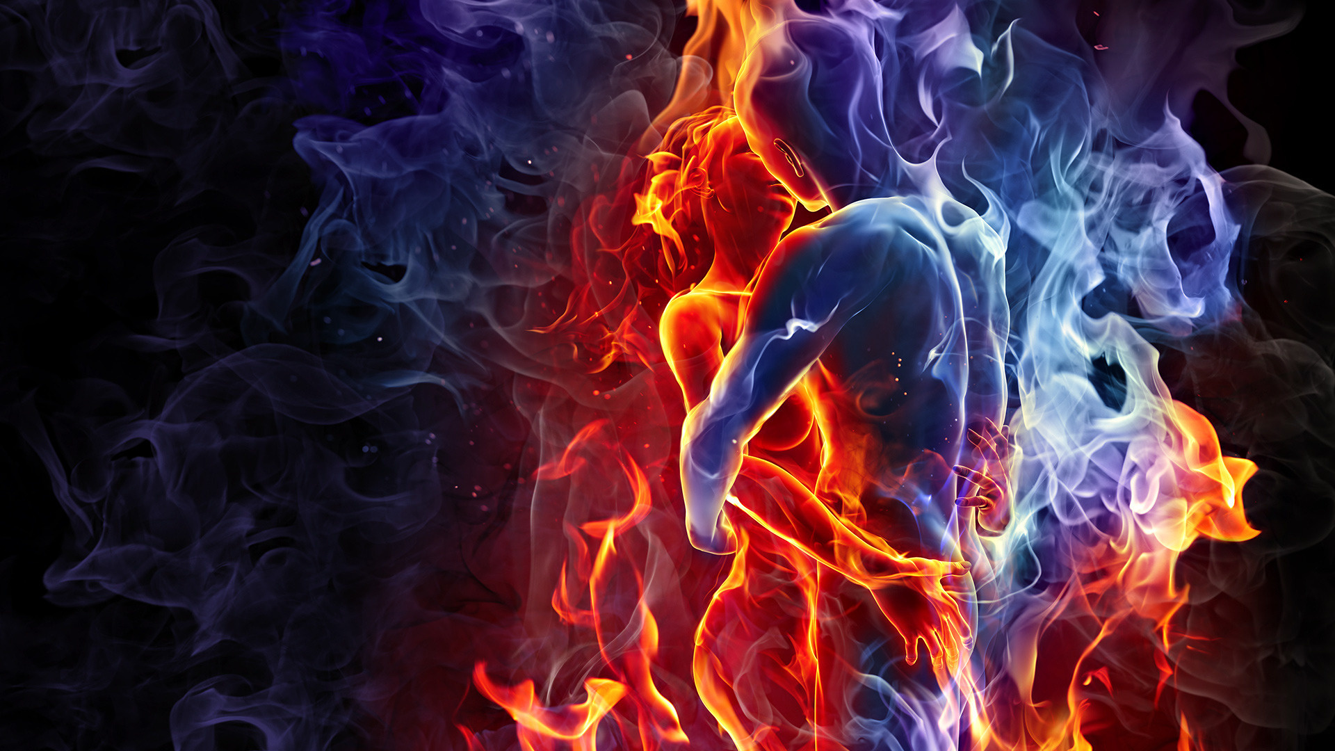 Wallpaper Love Kiss Man Woman Silhouette Fire Smoke