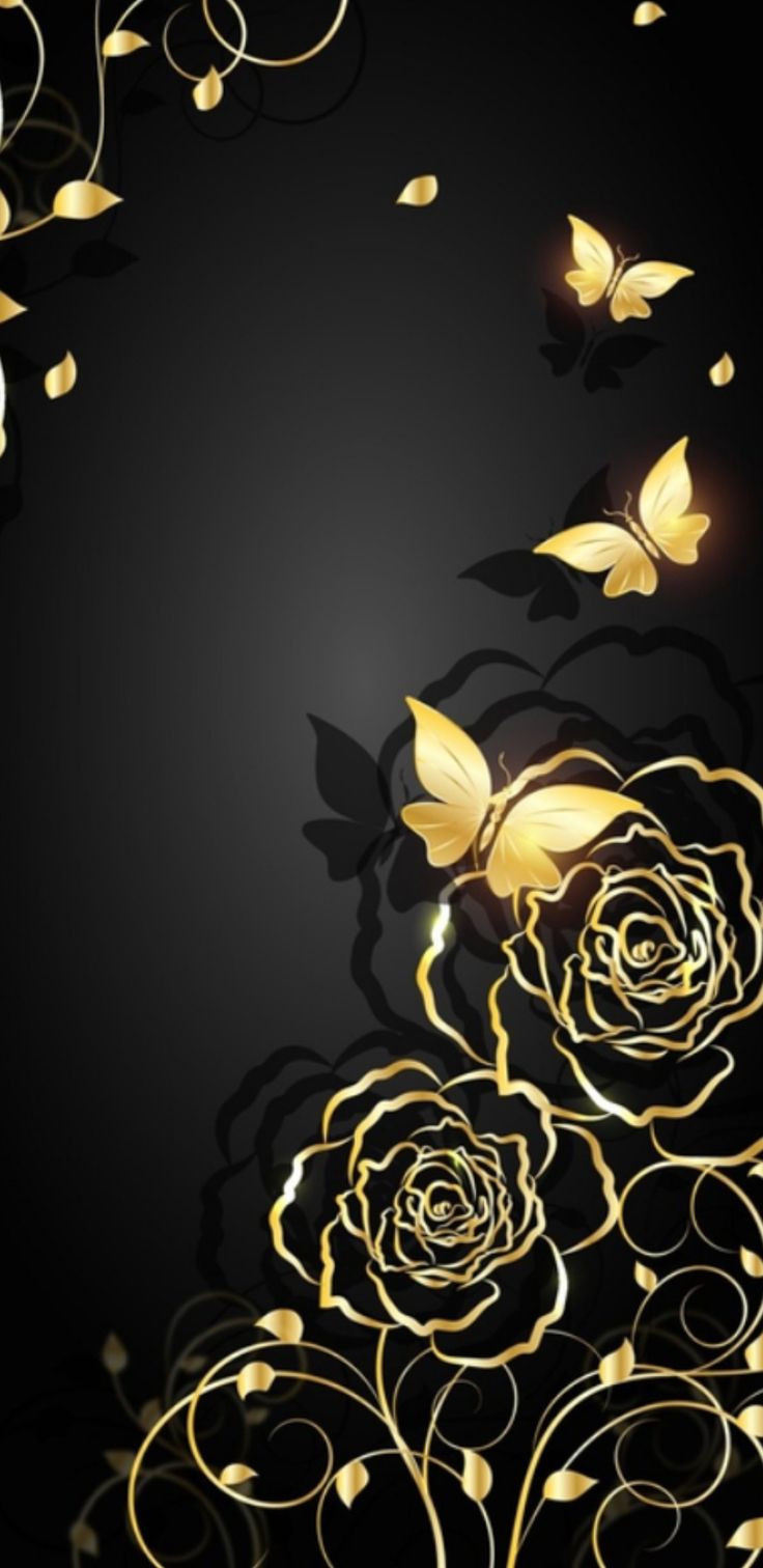 Black And Gold Wallpaper With Roses Butterflies