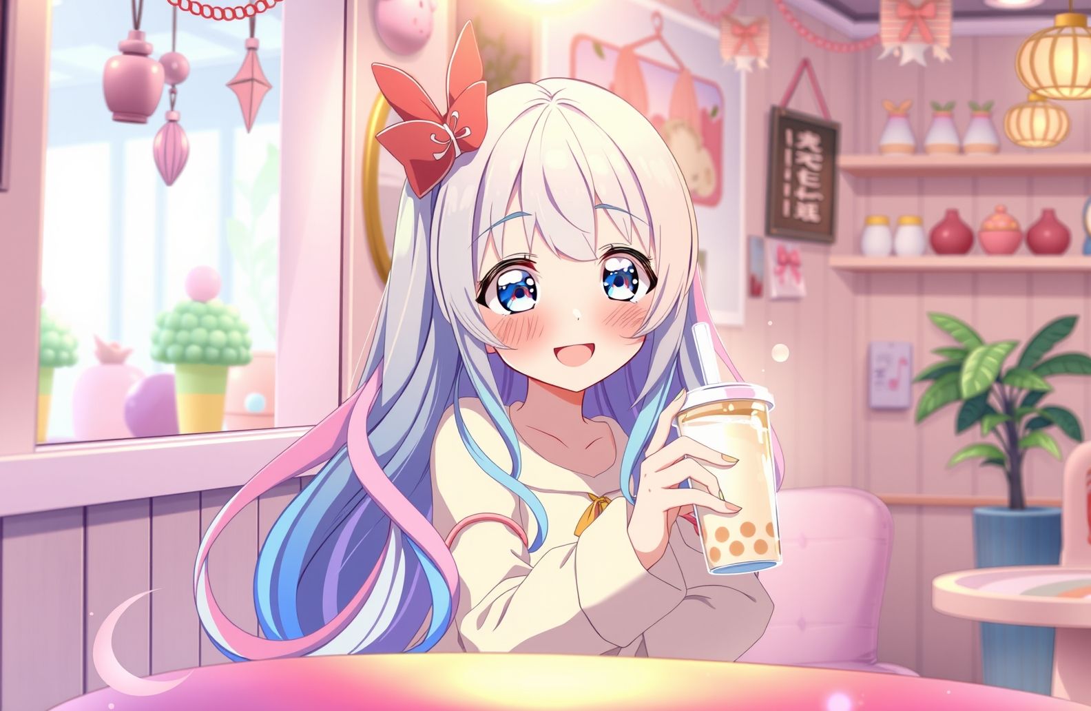 Cute Anime Girl Drinking Boba Wallpaper