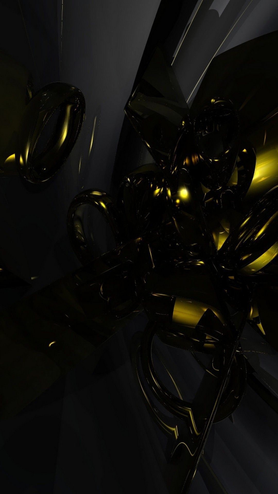 Abstract 3D render of swirling black and gold shapes, evoking a sense of luxury and modern design. Perfect for a phone wallpaper