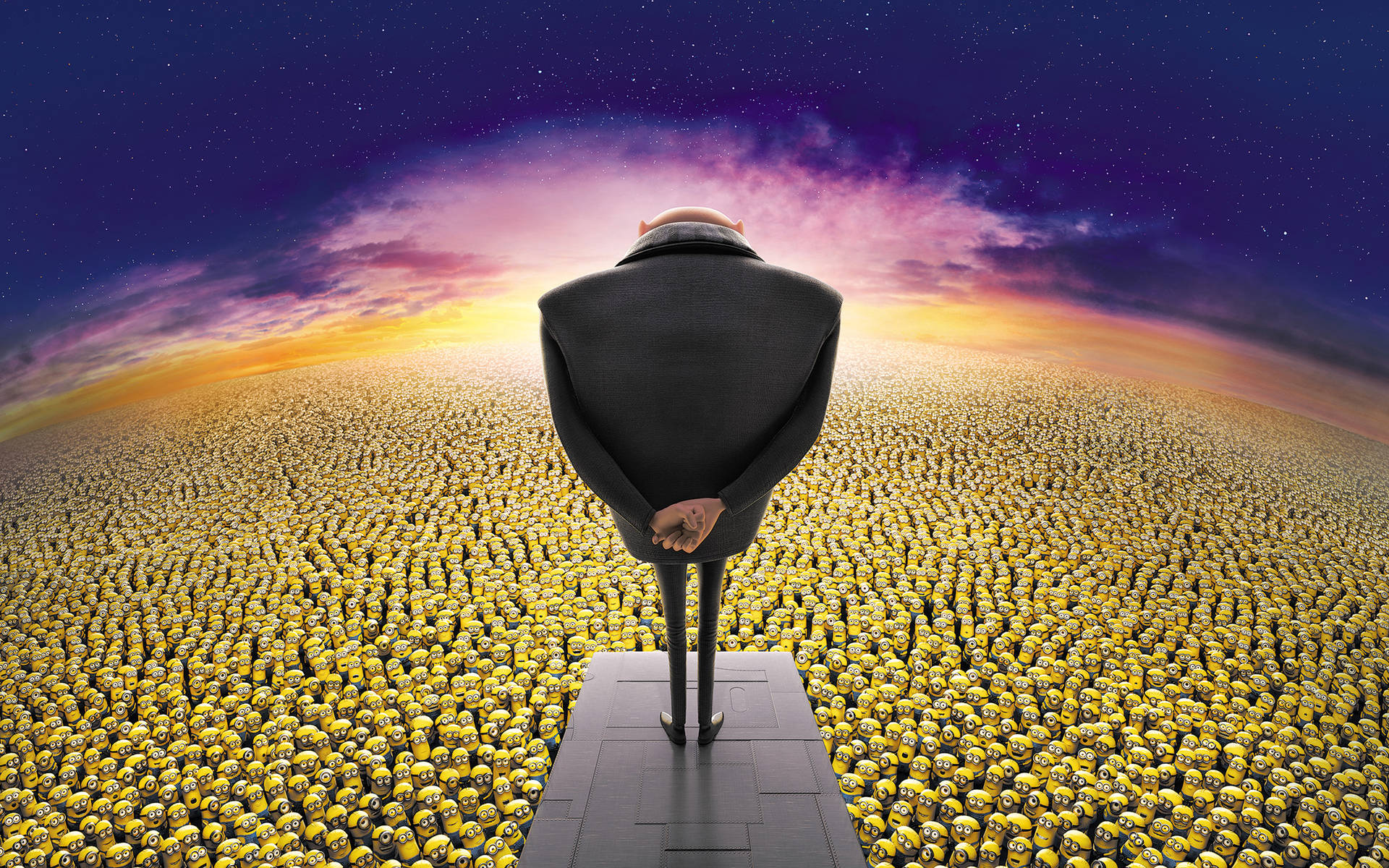 Gru standing before a vast crowd of Minions in a Despicable Me movie still