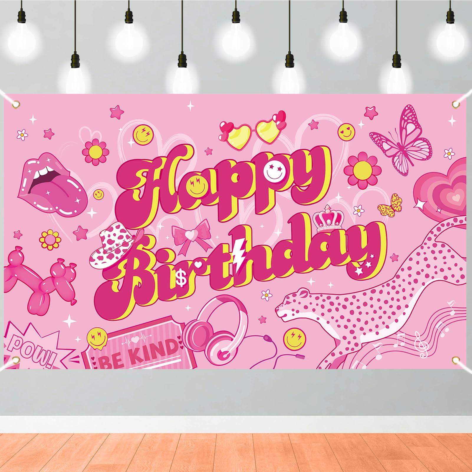 Qpout Preppy Happy BirtHDay Backdrop Pink Banner
