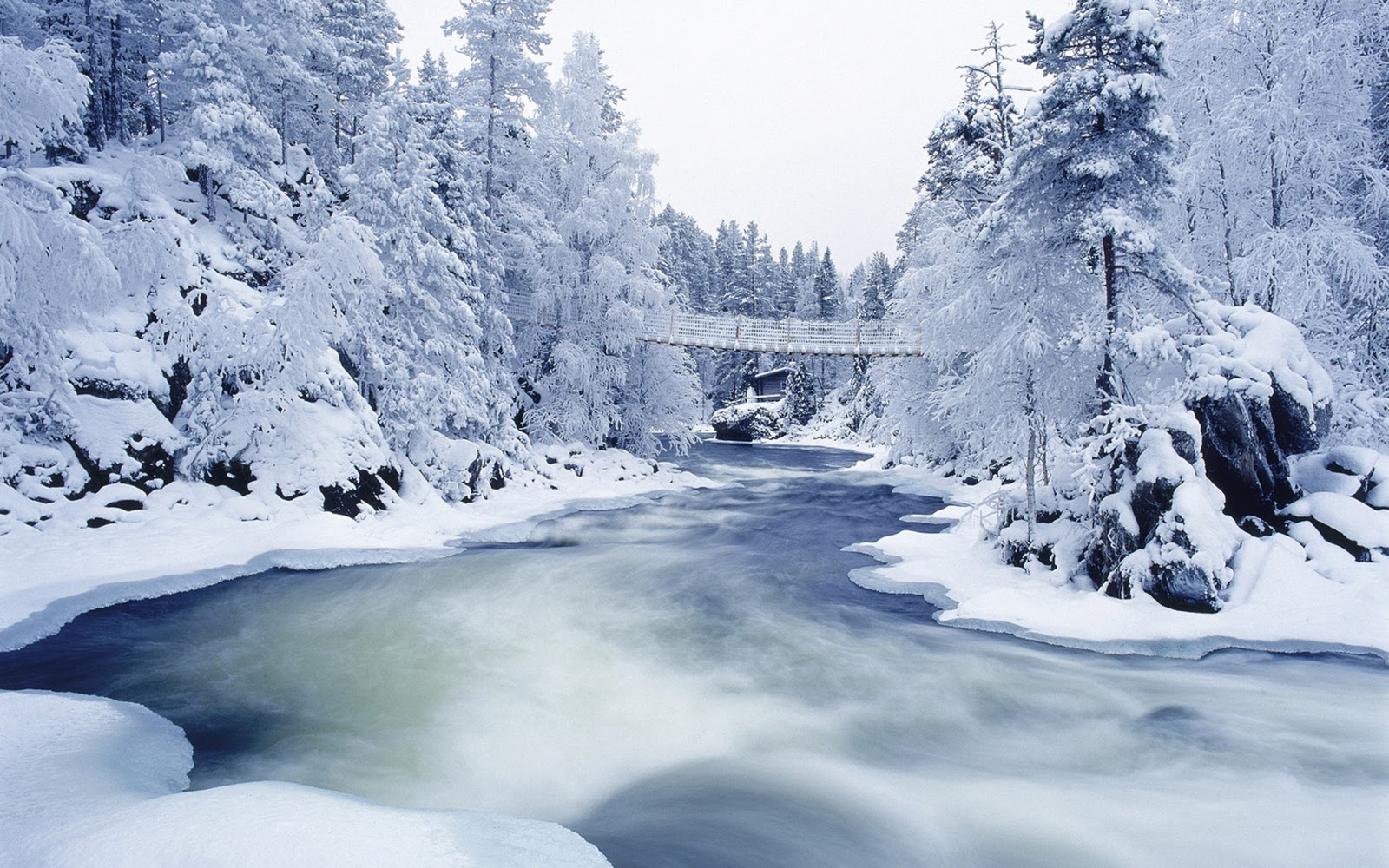 A breathtaking winter landscape featuring a pristine river flowing through a snow-covered forest. A charming wooden bridge spans the river, adding a touch of rustic charm to the scene