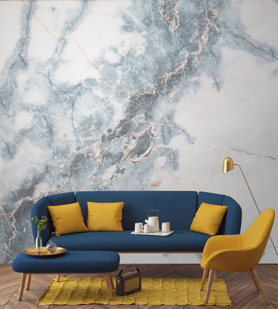 Murals Wallpaper Marble Deep Blue Clouded Print Spaces Home