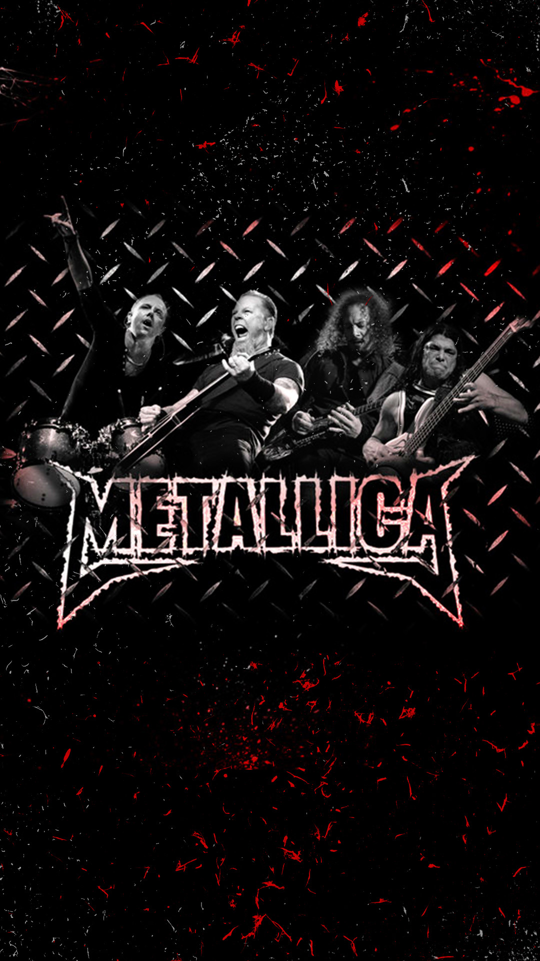 A black and red grunge-style Metallica poster featuring the band members performing live on stage in black and white, overlaid with a stylized Metallica logo and a textured, splattered red effect