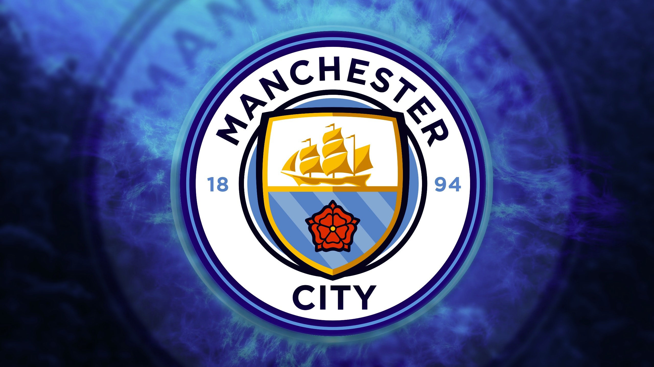Manchester City FC logo on a vibrant blue background