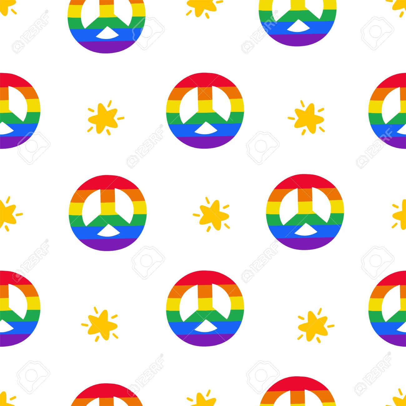 Seamless Pattern With Rainbow Peace Signs And Stars Lgbt