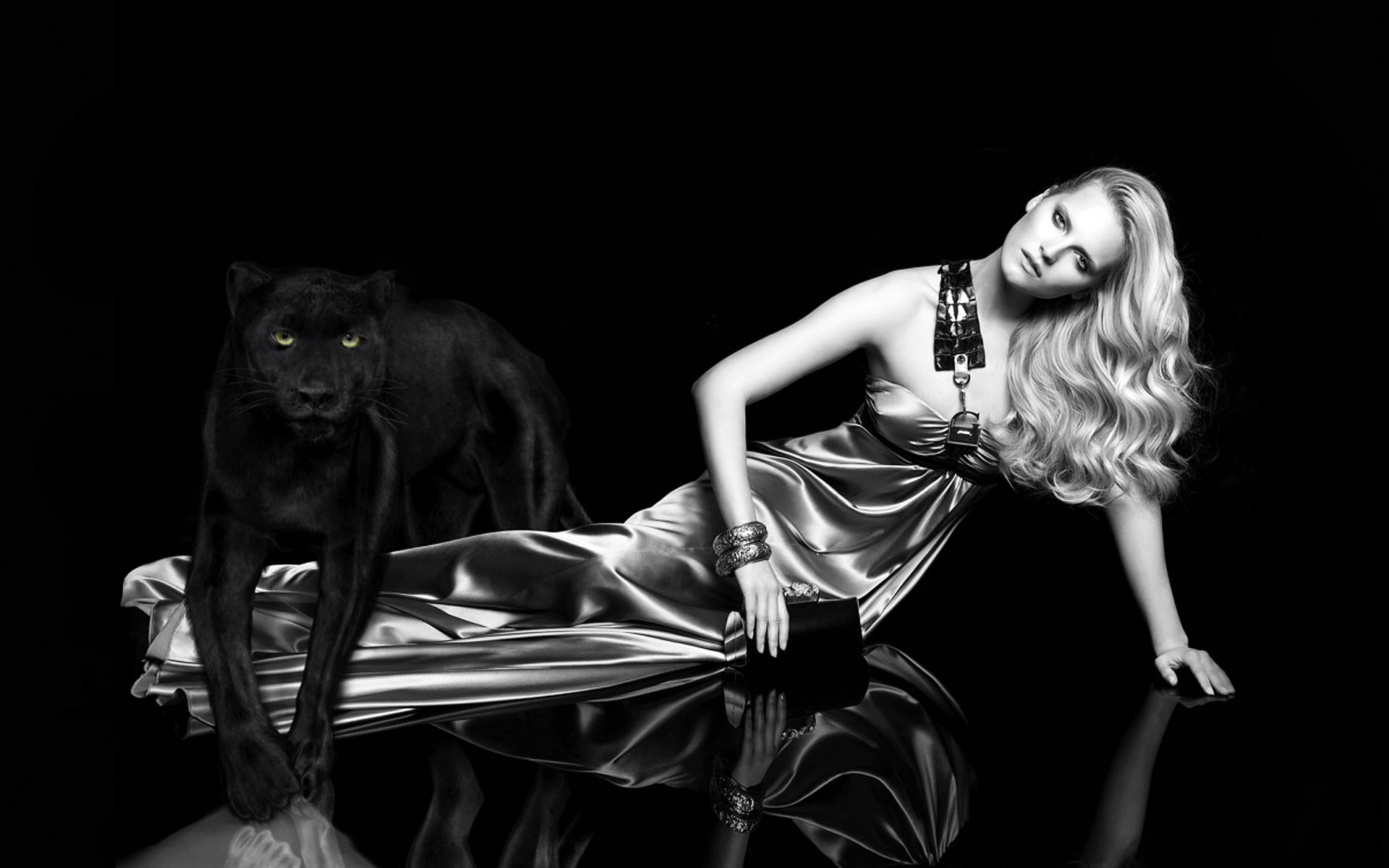 Wallpaper Black Model Reflection Dress Panther Woman