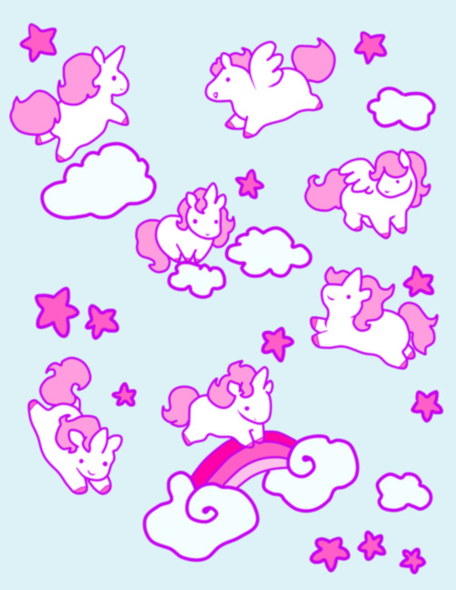 Illustration Art Chibi Cute Rainbow Stars Pink Clouds Unicorn Pegasus