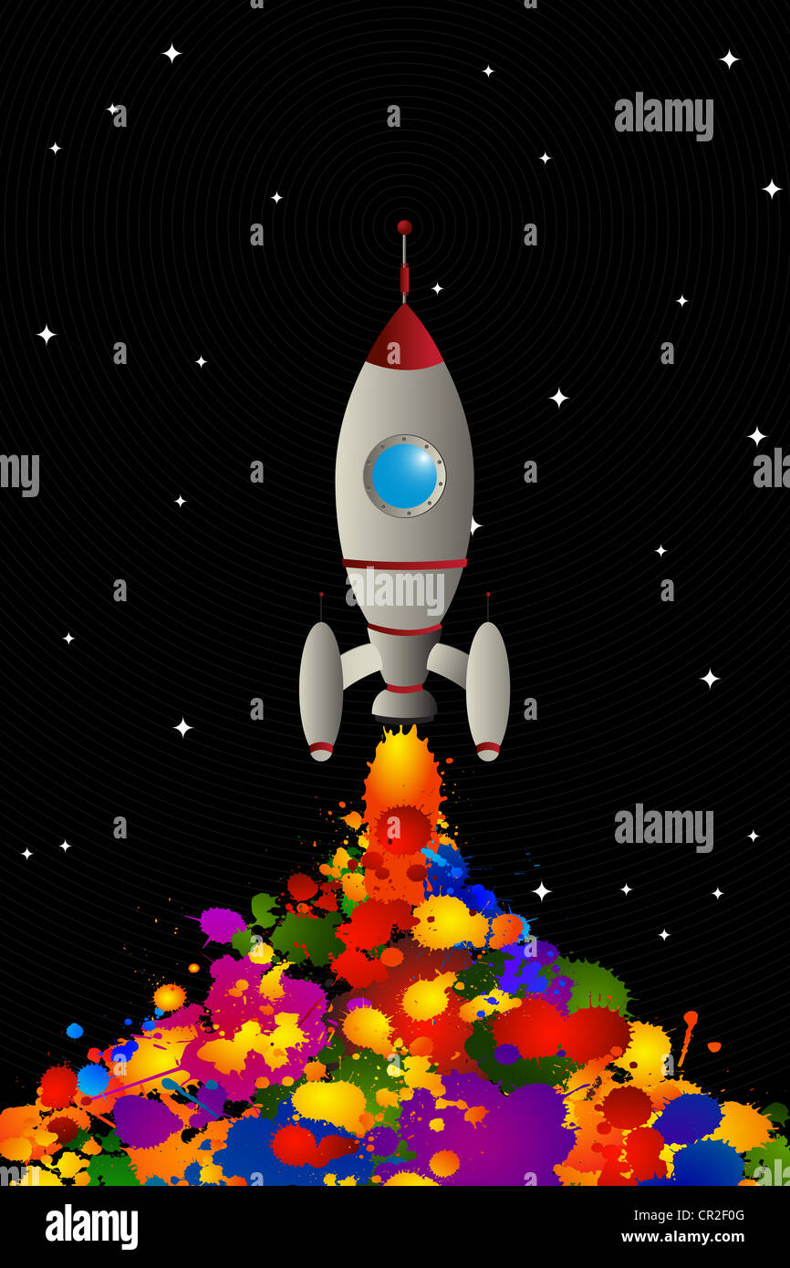 Cartoon Rocket Spreading Color In Space Graphic Art Wallpaper